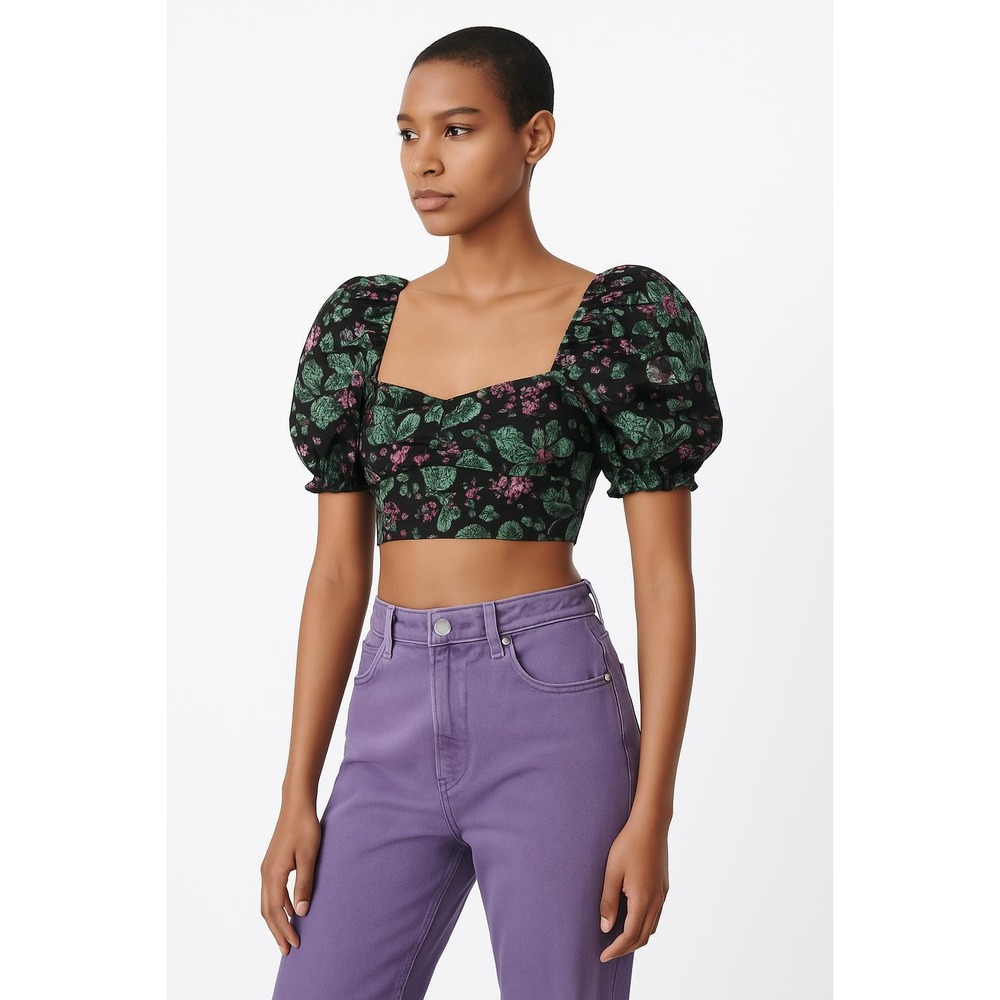 Zara Floral Puff Sleeve Square Neck Crop Top M‎